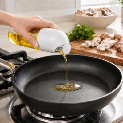 Λευκή γυάλινη λαδιέρα 510ml που ρίχνει λάδι σε αντικολλητικό τηγάνι