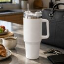 Λευκό θερμός ποτήρι 1200ml με καλαμάκι πάνω σε πάγκο κουζίνας