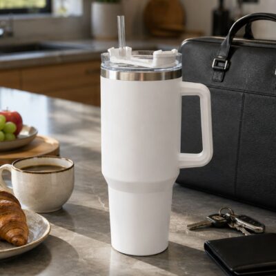 Λευκό θερμός ποτήρι 1200ml με καλαμάκι πάνω σε πάγκο κουζίνας