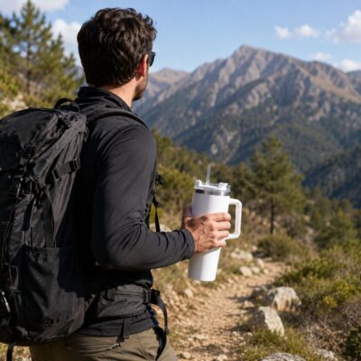 Λευκό θερμός ποτήρι 1200ml με καλαμάκι σε πεζοπορία στο βουνό