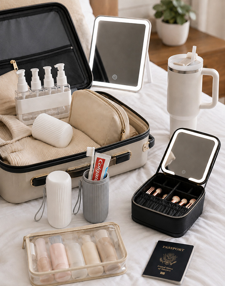 Είδη και αξεσουάρ ταξιδίου με travel bottles, φορητό LED καθρέφτη, θερμός και θήκες προσωπικής φροντίδας
