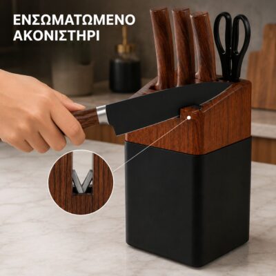 Ακόνισμα μαχαιριού κουζίνας στο ενσωματωμένο ακονιστήρι της βάσης αποθήκευσης