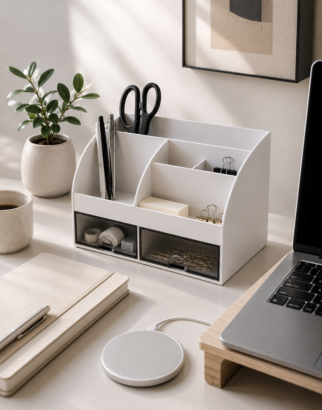 Γραφείο και οργάνωση με λευκό desk organizer σε minimal workspace με laptop stand και ασύρματο φορτιστή