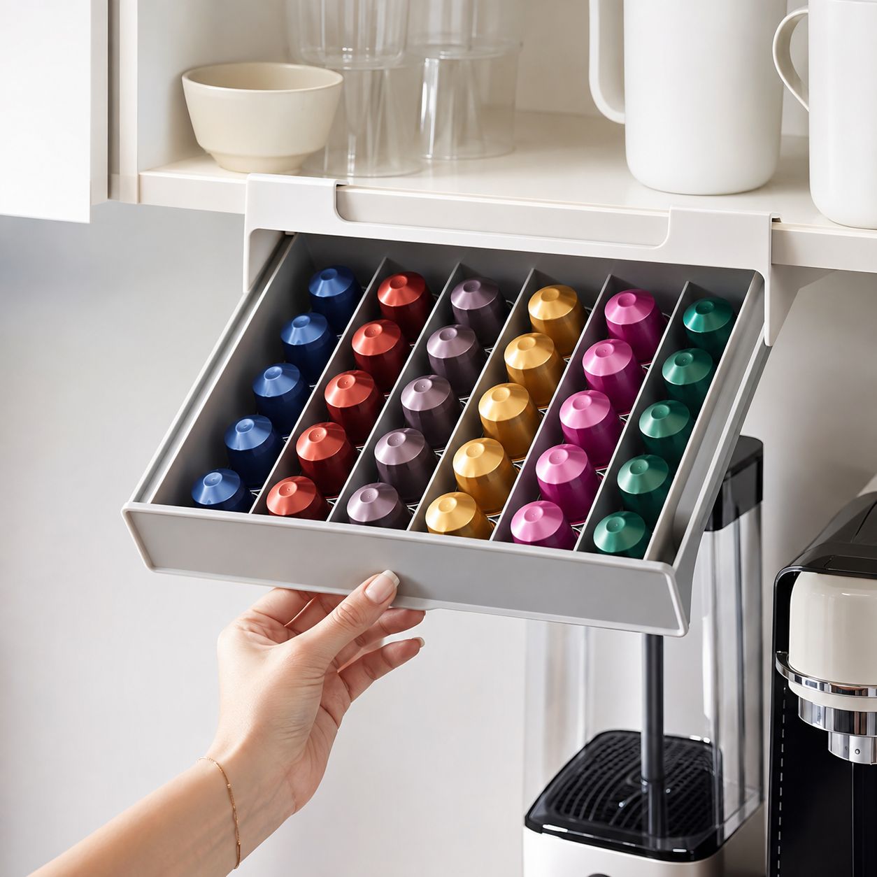 Κρεμαστή θήκη οργάνωσης για 30 κάψουλες Nespresso τοποθετημένη κάτω από ράφι κουζίνας